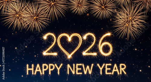 Happy New Year 2026 card with a heart, sparklers, and fireworks on a night sky background