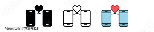 two smartphones connected by heart icon on white background Black silhouette flat icon outline icon and colored icon style. 1x3 grid. three minimal vector icon style. centered composition