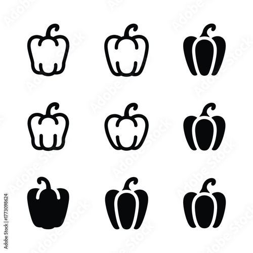 Bell Pepper Icons Set: Outline and Solid Glyph Designs for Food and Vegetable Concepts