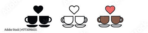 romantic coffee date icon on white background Black silhouette flat icon outline icon and colored icon style. 1x3 grid. three minimal vector icon style. centered composition clear white