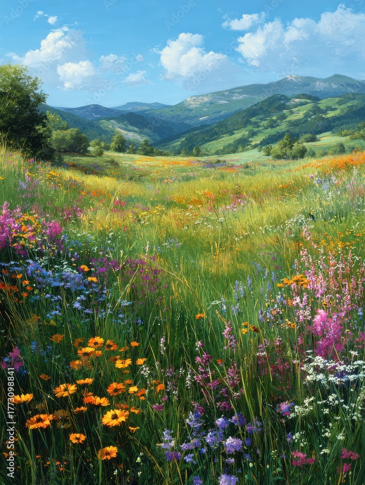 Fototapeta premium Colorful wildflowers bloom in a sunny meadow, hills in background; spring nature scene for websites or prints