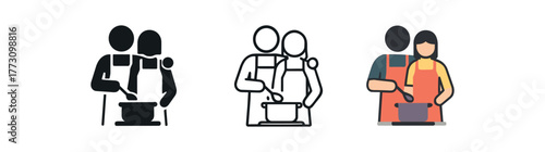 couple cooking together icon on white background Black silhouette flat icon outline icon and colored icon style. 1x3 grid. three minimal vector icon style. centered composition clear white