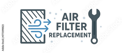 Flat vector banner design text AIR FILTER REPLACEMENT supporting icons of filter wind symbol and wrench gray and blue tones isolated on white marketing approved bright palette with balanced