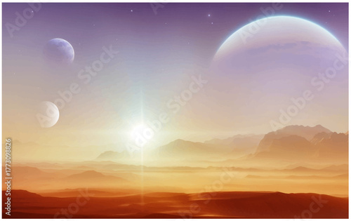 realistic vector illustration of science fiction planet with blue, purple and yellow sky with moons, stars, mist, red rock and sand barren desert surface and sun above mountains in distance