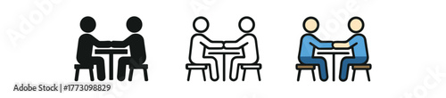 holding hands across table icon on white background Black silhouette flat icon outline icon and colored icon style. 1x3 grid. three minimal vector icon style. centered composition clear