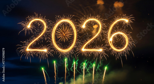 Happy New Year 2026. Wide banner with sparkling numbers and a colorful fireworks show