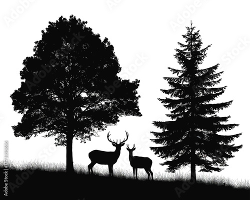 Wallpaper Mural Deer Family Silhouettes in Forest Landscape against White Background Torontodigital.ca