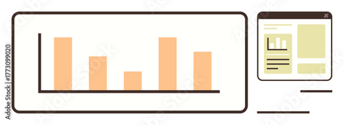 Bar chart with variable data columns next to an online dashboard interface. Ideal for analytics, statistics, reporting, performance tracking, business, marketing, research, simple flat metaphor