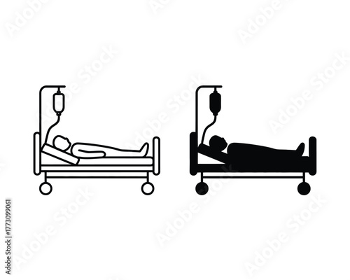 Patient in Hospital Bed with IV Drip Icon - Outline and Silhouette Vector