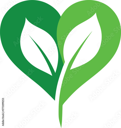 A vibrant green heart shape formed by two stylized leaves symbolizing growth nature health love and environmental consciousness with a clean white background