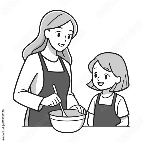 A cheerful mother and daughter wearing aprons are happily mixing ingredients together in a large bowl enjoying a fun and bonding cooking activity in the kitchen