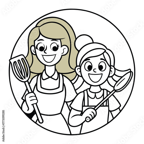 Happy mother and daughter smiling and holding kitchen utensils ready to cook together in a circular illustration for a healthy lifestyle or family bonding concept