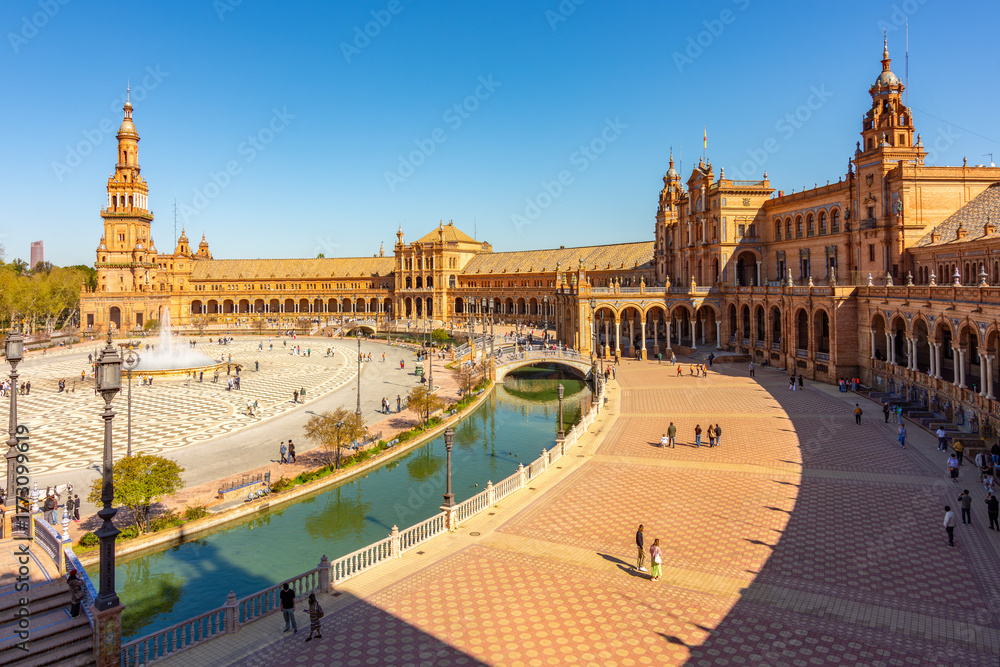 Fototapeta premium Panorama of Spain square in Maria Luisa park, Seville, Spain