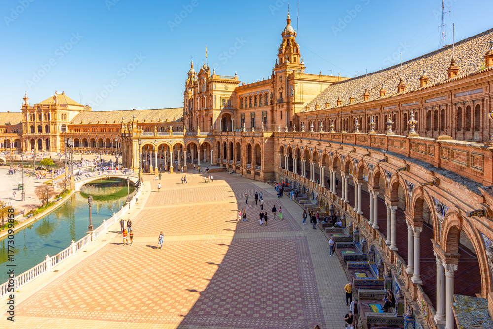 Fototapeta premium Panorama of Spain square in Maria Luisa park, Seville, Spain