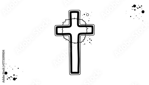 Outlined Christian Cross with Crown of Thorns Black and White Vector Illustration
