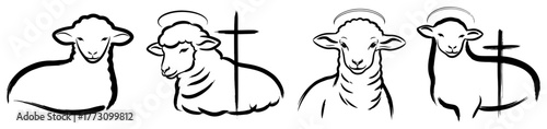 Lamb and cross line art set – hand-drawn Christian symbol vector illustration