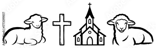 Church with lambs line art illustration – hand-drawn cross and sheep Christian symbol vector graphic