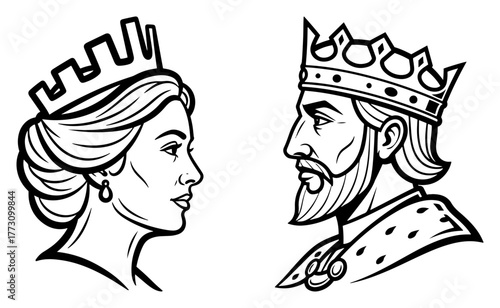 King and queen portraits line art illustration – hand drawn royal couple vector graphic