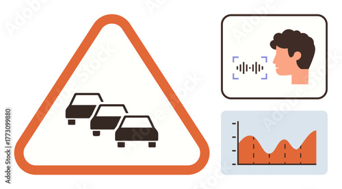 Traffic warning triangle with three cars, voice recognition interface, and a data graph illustrating trends. Ideal for transportation, AI, analytics, road safety, technology, prediction
