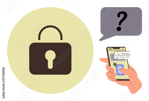 Lock icon and hand holding smartphone displaying verification code in app. Ideal for security, privacy, two-factor authentication, digital safety, technology, communication, online access. Simple