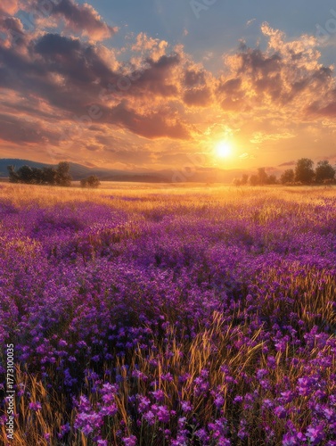 Captivating panoramic sunset over a field of purple wildflowers and grass, with the golden sun casting a vibrant glow on the picturesque landscape