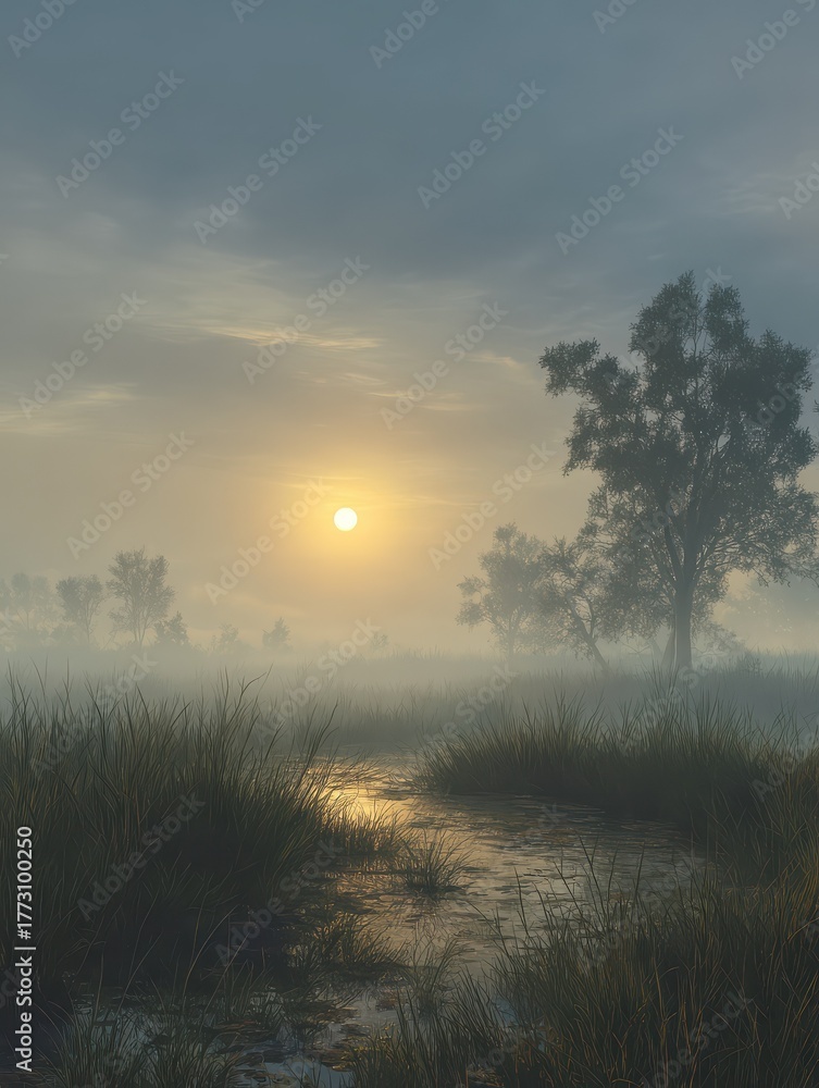 Fototapeta premium Foggy landscape with a hazy sun peeking through the misty veil, hazy, few clouds, sun