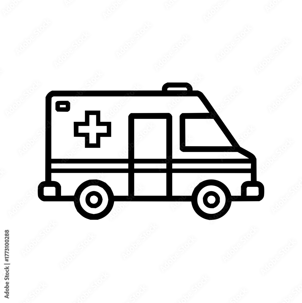 Fototapeta premium Illustration of an ambulance with a cross symbol on its side and wheels outlined in black color design