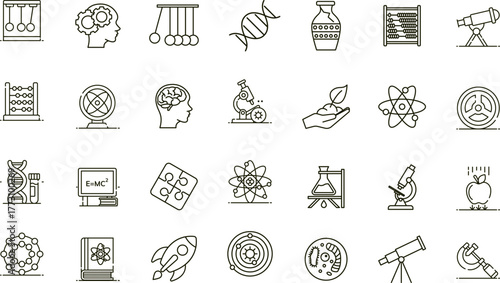 STEM Education Line Icon Set:Multidisciplinary Science Symbols for Academic Curriculum, Research Methodology, and Laboratory Learning Design