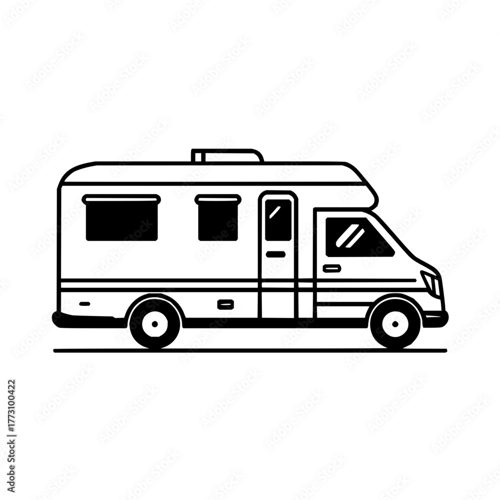Fototapeta premium Illustration of a recreational vehicle with windows and wheels in black and white outline style