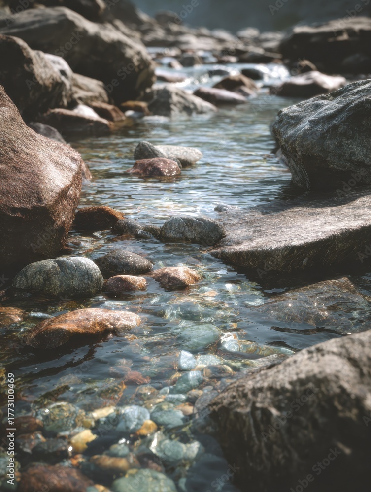 Fototapeta premium Closeup of water flow over smooth rocks in a tranquil river stream