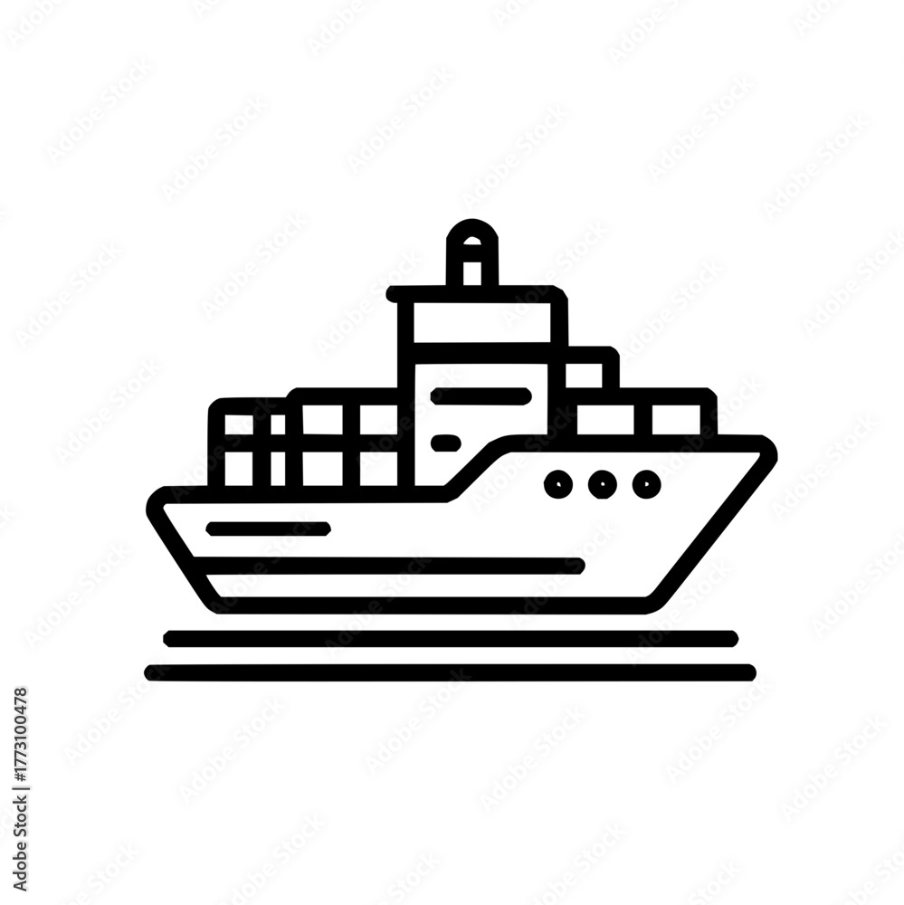 Fototapeta premium Illustration of a cargo ship with containers on deck and three portholes in black outline style design