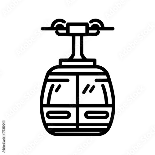 A simple line drawing of a gondola car suspended from a cable transport system in black and white