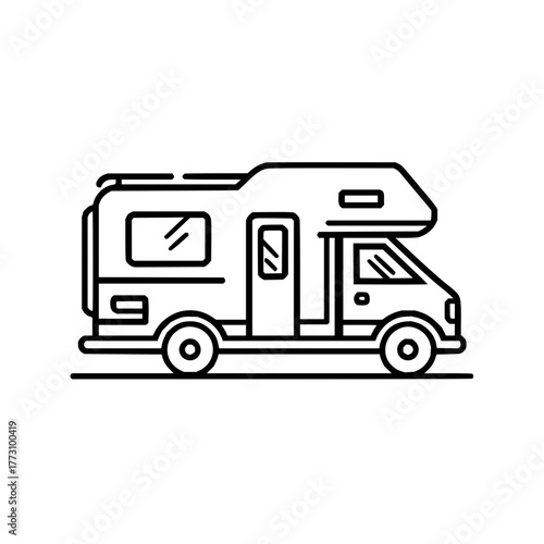 Illustration of a recreational vehicle with a sleeping compartment over the cab and basic line art