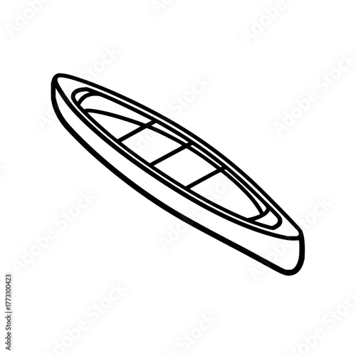 A simple line drawing of a canoe with three seats and a visible hull on a white background view