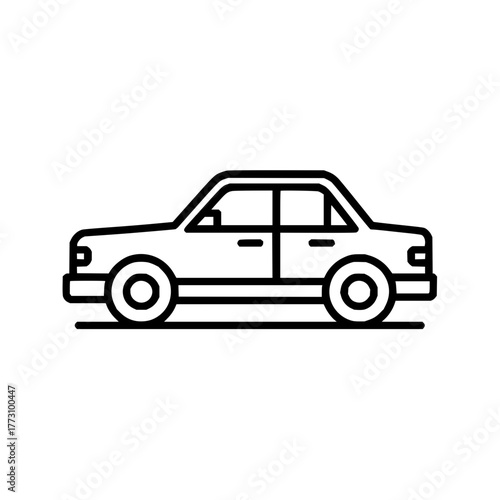 Illustration of a black and white sedan car with a simple design and thick lines on a white background