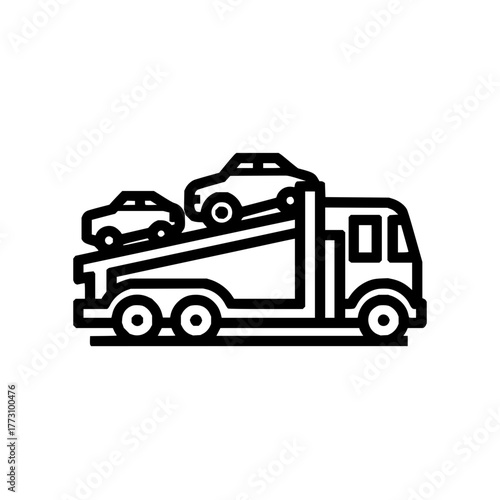 Illustration of a tow truck carrying two cars in a black outline style on a white background style