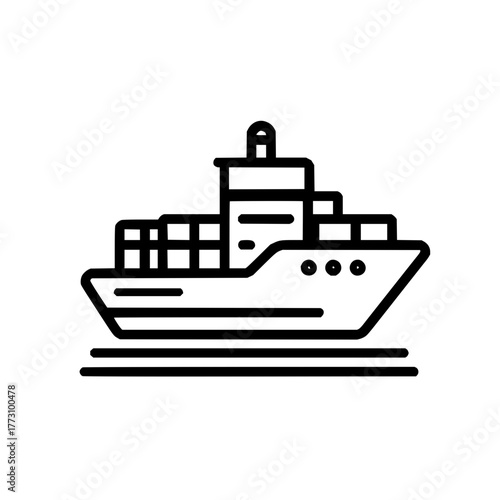 Illustration of a cargo ship with containers on deck and three portholes in black outline style design