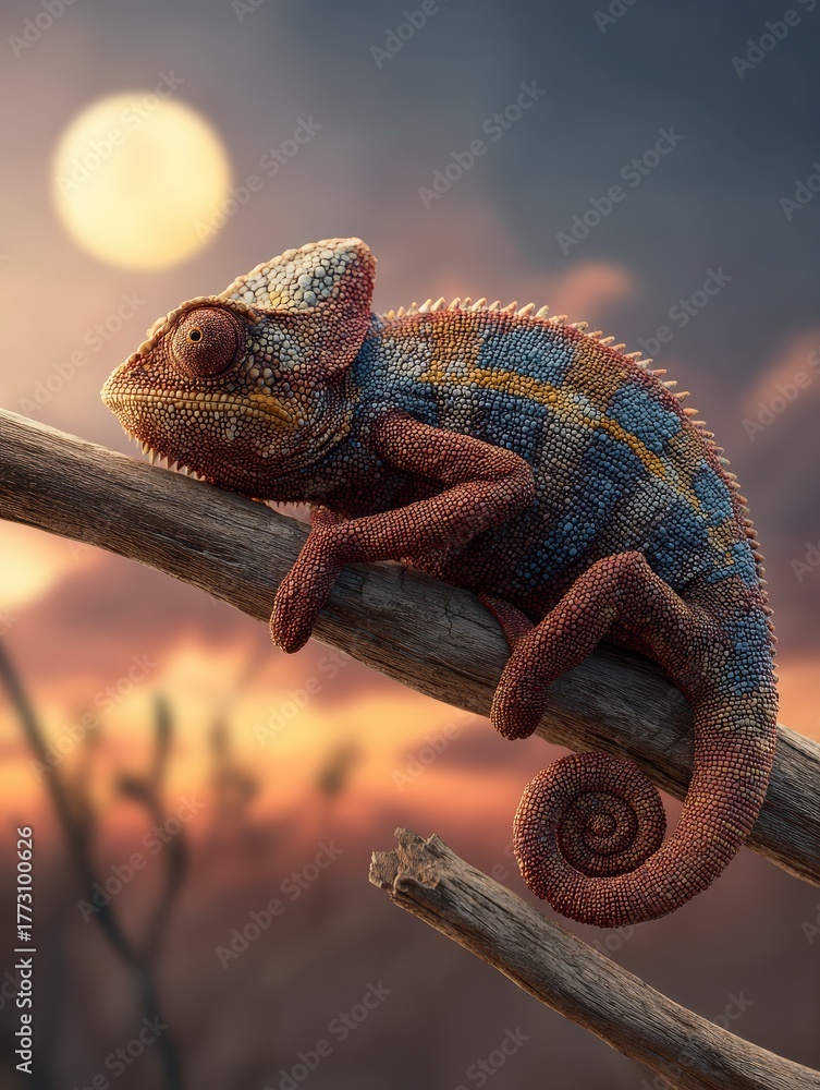 Fototapeta premium A Chameleon Resting on a Branch at Sunset