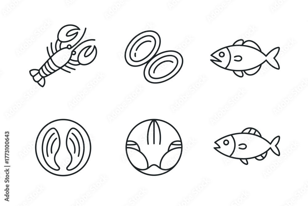 Obraz premium A simple line art illustration shows various seafood items and ingredients.