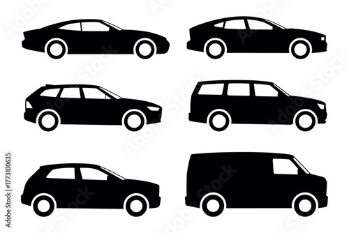 A collection of six different vehicle silhouettes including cars, wagons, and a van.