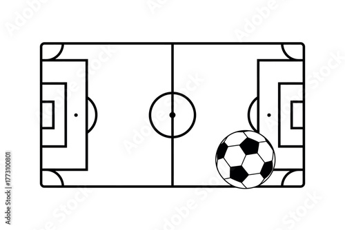 A soccer ball rests on a simplified drawing of a soccer field, viewed from above.