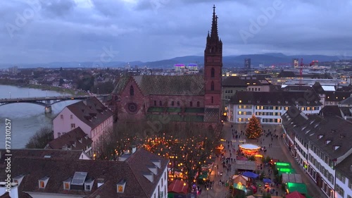 Basel Christmas Market Aerial Shot. Illuminated Basler Weihnachtsmarkt in the evening Twilights at Winter in Switzerland
