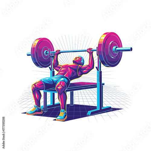 Man lifting barbell on bench press vector illustration on transparent background