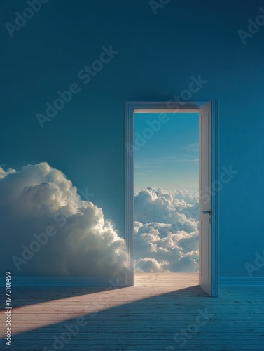 An open door on the right side of an empty blue wall with clouds in the background