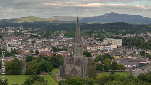 Killarney, Ireland, County Kerry - Aerial Drone Shot in Cloudy day of St. Mary Cathedral in Late Irish Summer