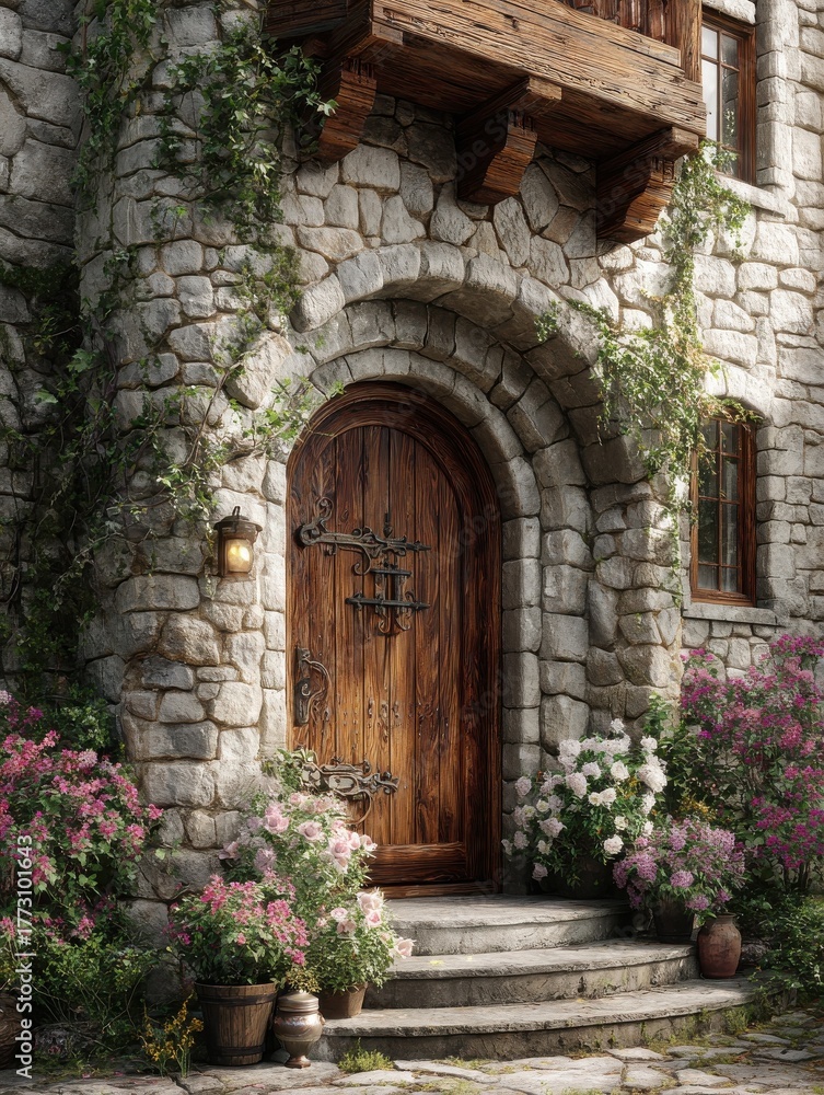 Fototapeta premium charming stone house entrance with installed stone veneer wooden door and floral accents