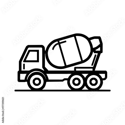 A black and white line drawing of a cement mixer truck with wheels and a mixing drum on a flat surface