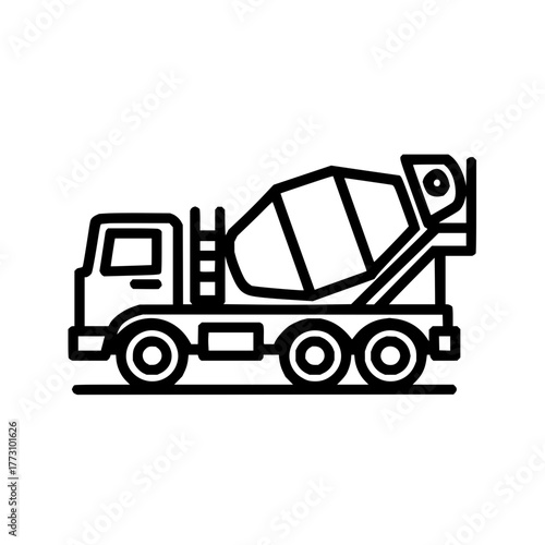 A black outline drawing of a concrete mixer truck with a drum and wheels on a white background