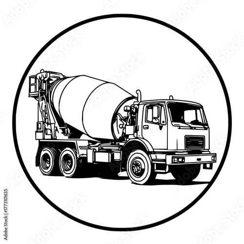 Illustration of a concrete mixer truck inside a black circle on a white background design element