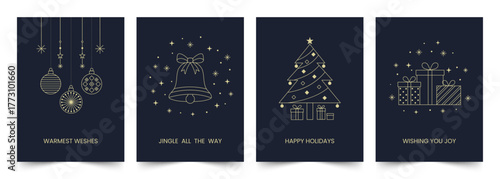 Set of elegant minimalist Christmas greeting cards featuring gold line art icons of ornaments, bell, Christmas tree, and gift boxes on a dark navy background. Vector illustration.